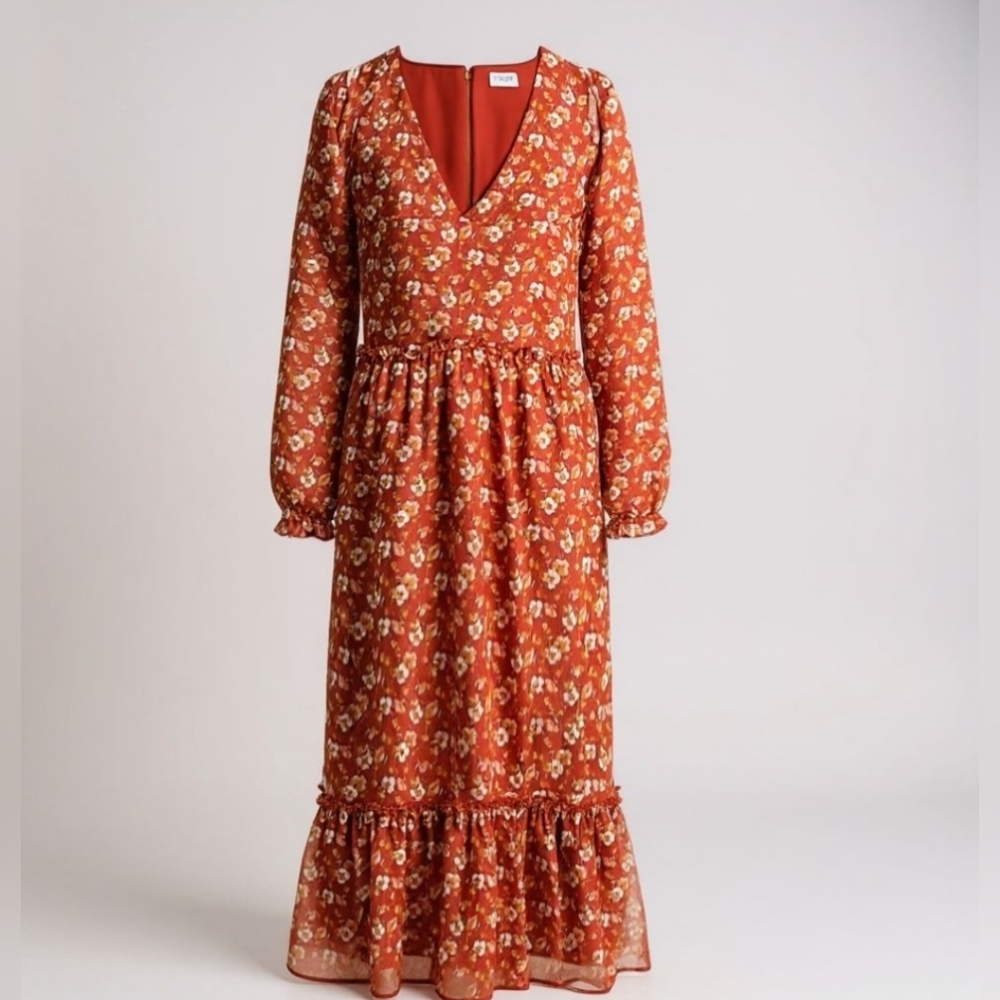 Orange Floral Crinkle midi flounce dress